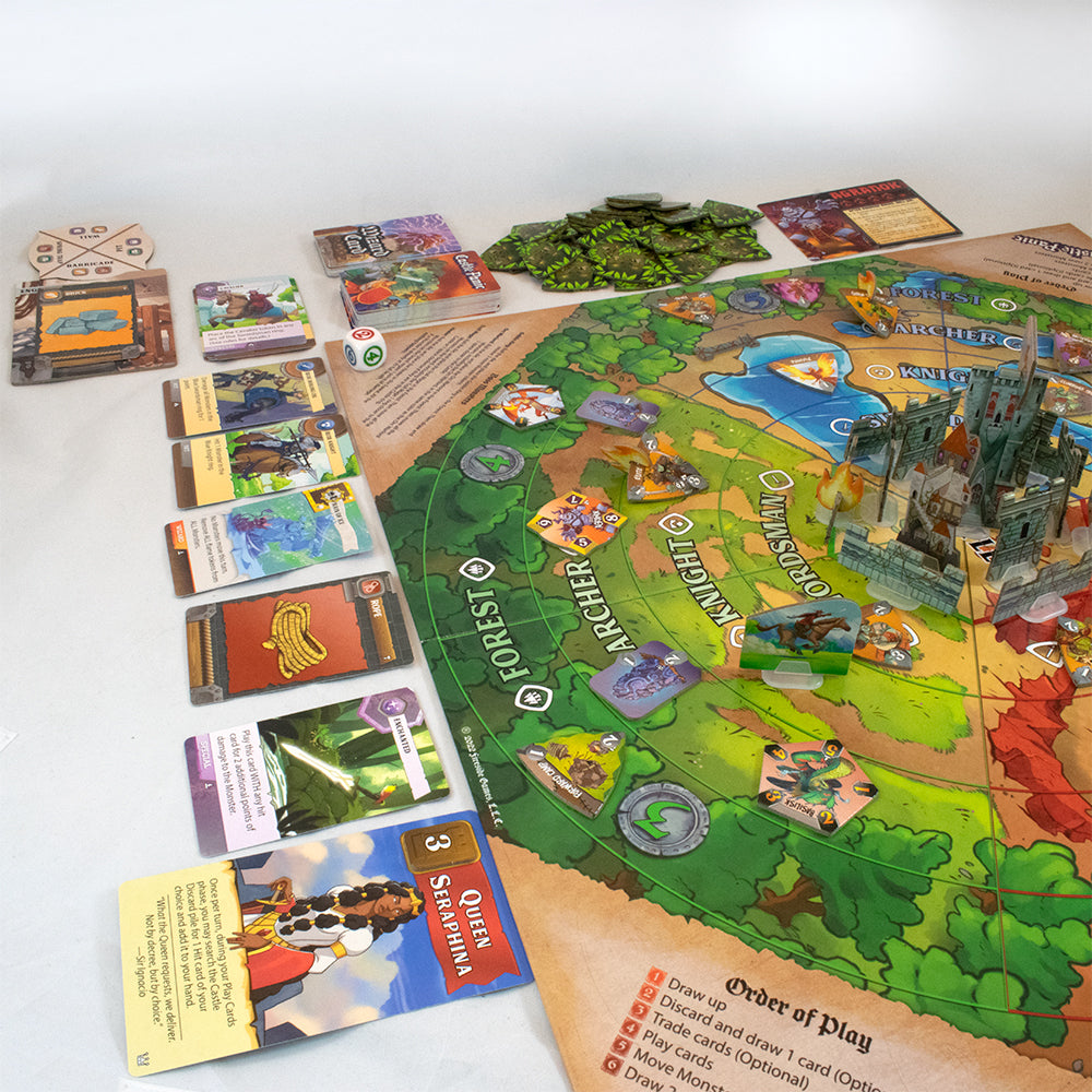 Castle Panic Second Edition in play, with the board, pieces, and cards over a white background