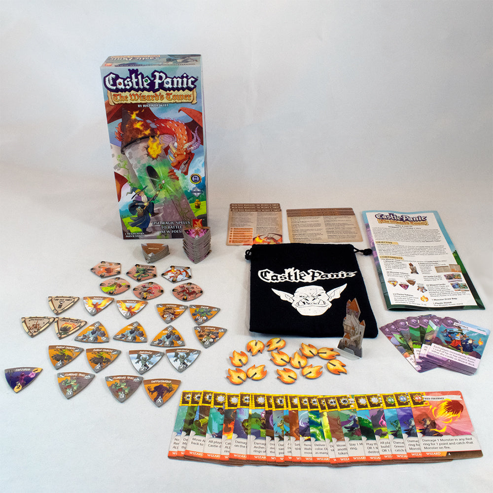 A photograph of The Wizard's Tower 2nd Edition box and all components on a white background