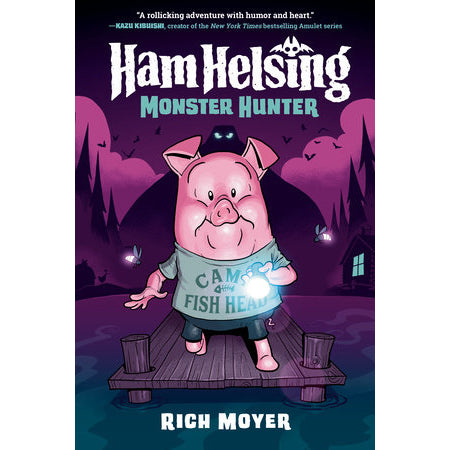Book cover of 'Ham Helsing Monster Hunter' with a cartoon pig character on a purple background.