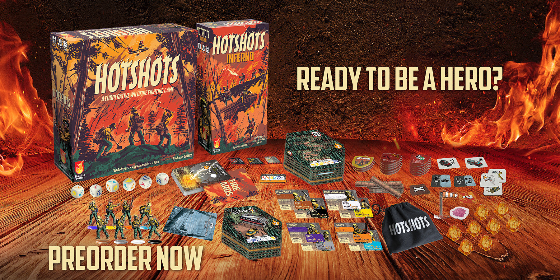 Hotshots board game pieces on a wooden surface with flames in the background. Includes the text "Ready to be a hero?" and "Preorder now".