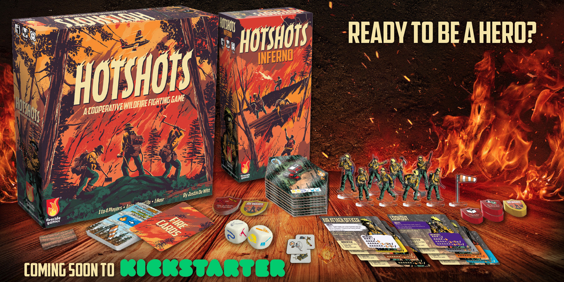 Hotshots board game packaging with game pieces and text 'Ready to be a hero?' on a fiery background.