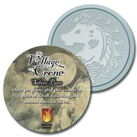 The Village Crone Silver Piece promo coaster front and back