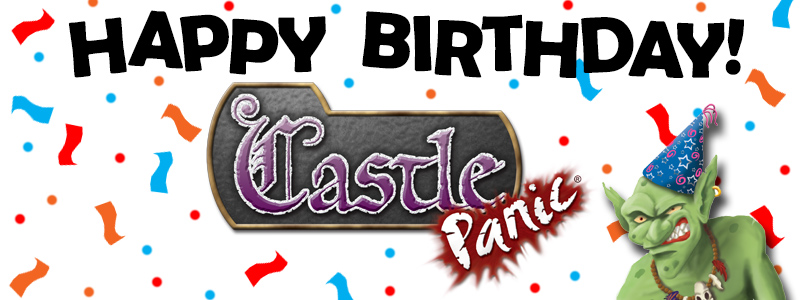 Happy birthday banner for Castle Panic with goblin and confetti