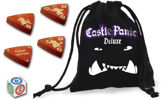 Castle Panic Deluxe black monster bag, wooden tokens, and custom die