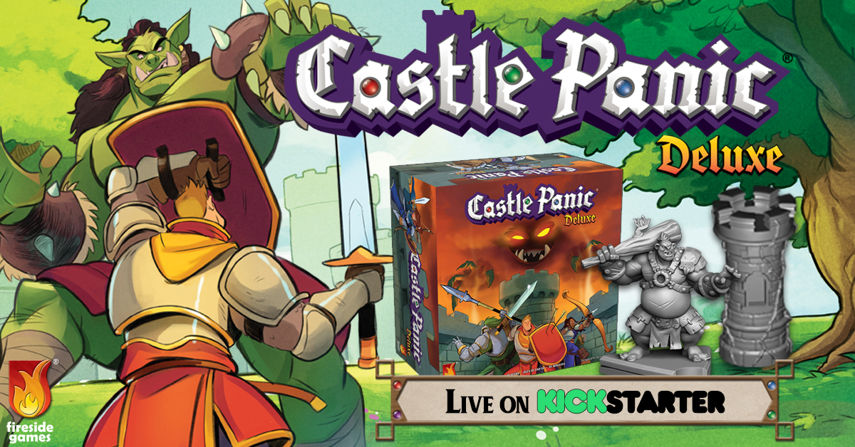 Castle Panic Deluxe Live on Kickstarter sign with a Swordsman battling an Orc