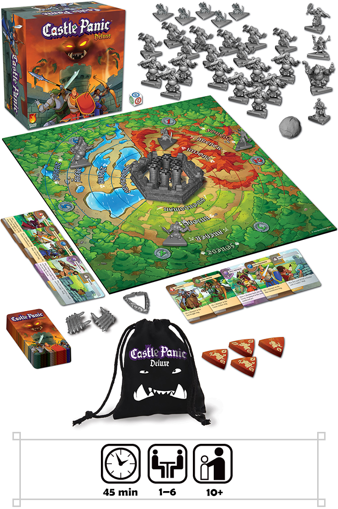 All components of Castle Panic Deluxe laid out