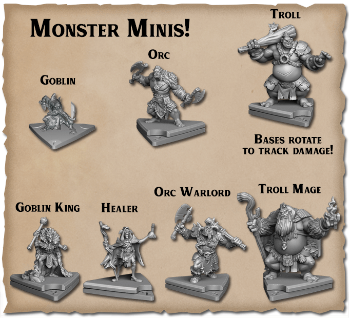 Castle Panic Deluxe Monster miniatures over a parchment background
