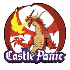 Pin with a red dragon breathing fire and the text "Castle Panic" below