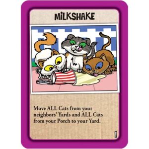 A purple game card titled "Milkshake" with cartoon cats lapping up a spilled drink