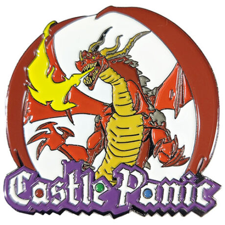 An enamel pin of a red dragon breathing yellow fire over a white background