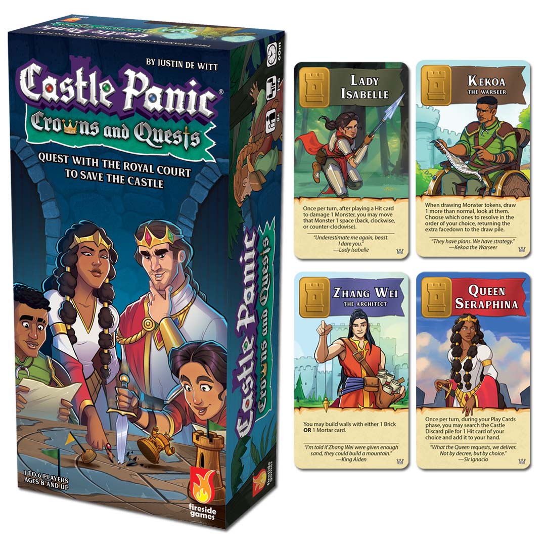The game box for Crowns and Quests next to 4 cards from the game over a white background
