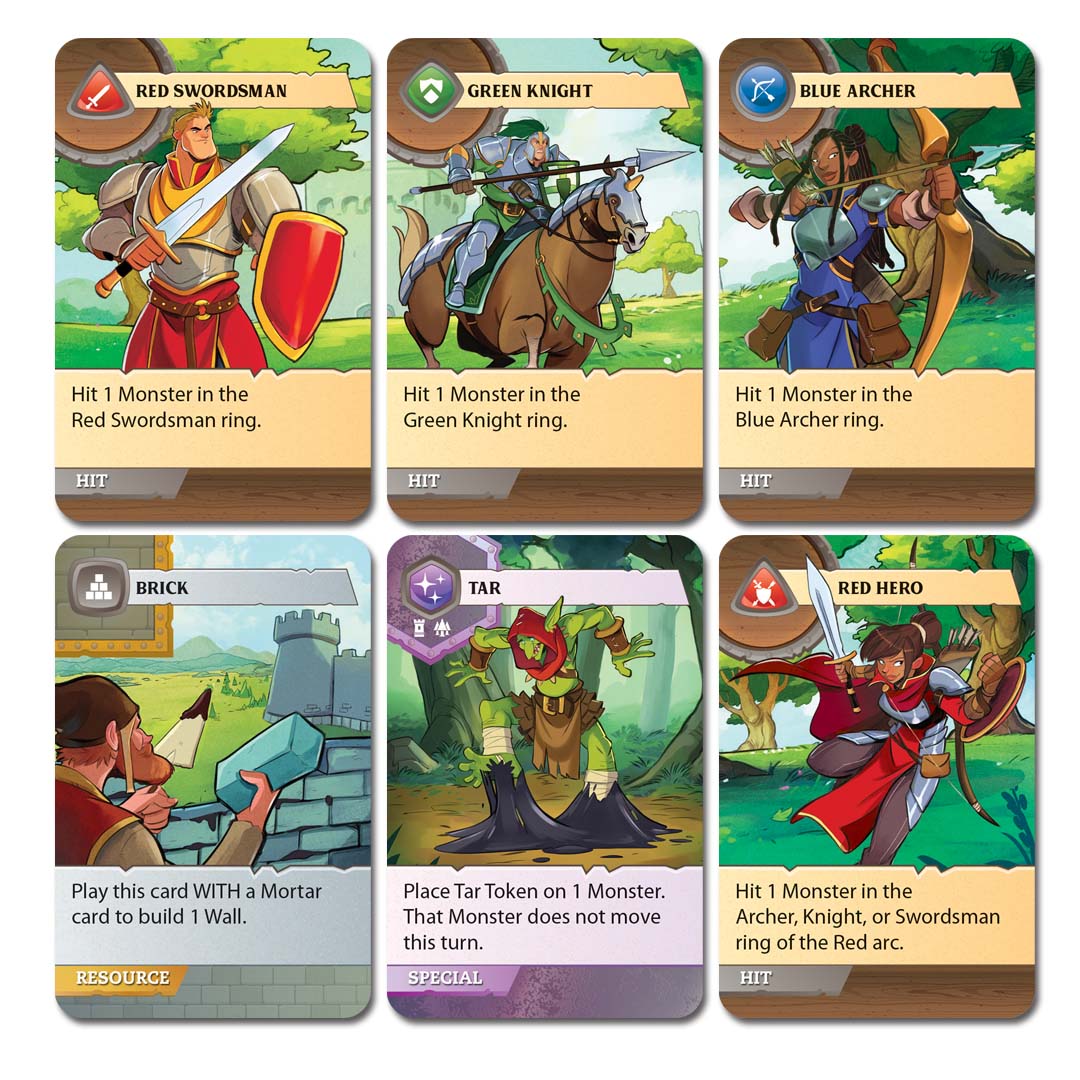 6 cards from Castle Panic 2nd edition over a white background