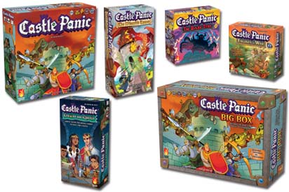 6 game boxes for the Castle Panic second edition over a white background