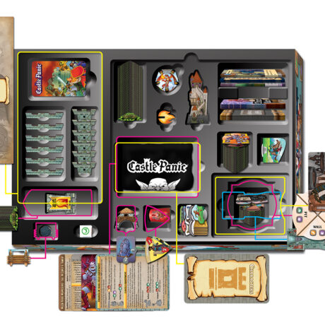 Illustration of the contents of the Castle Panic Big Box Second Edition over a white background