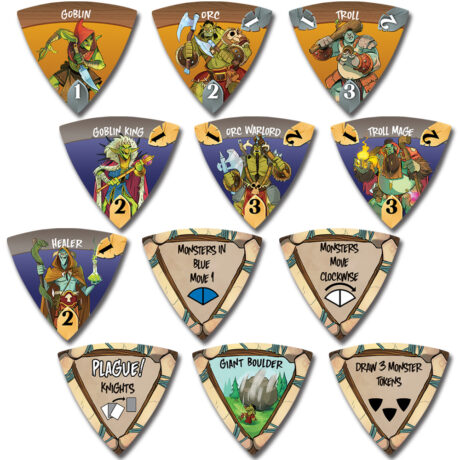A set of triangular tokens with fantasy monsters and text
