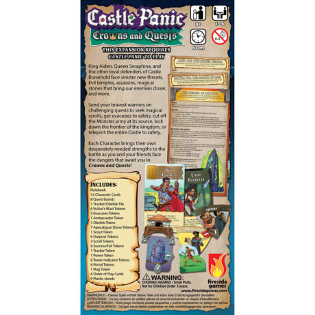 The back of the box for Crowns and Quests over a white background