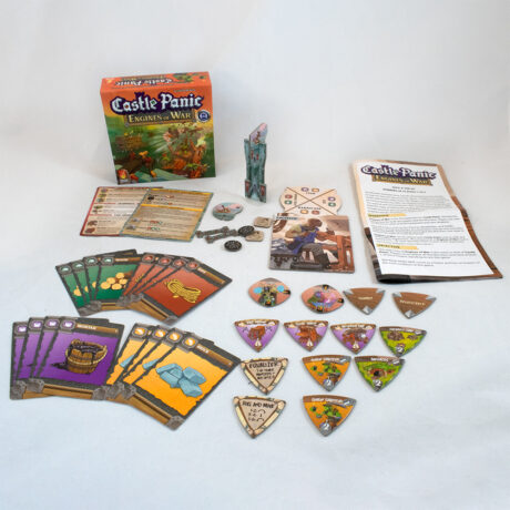 Photograph of the box and components for Engines of War Second Edition on a white background