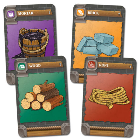 Brick, Mortar, Rope, and Wood resource cards for Engines of War Second Edition on a white background