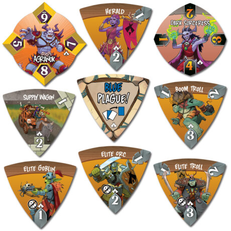 a set of 9 tokens with monster art on them. Most are triangular, but 2 are 4-sided. All on a white background