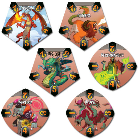 A set of 5-sided and 4-sided Monster tokens on a white background