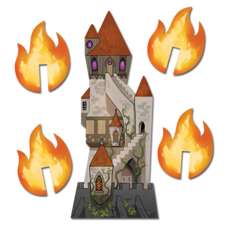 The Wizard's Tower token with 4 flame tokens nearby on a white background