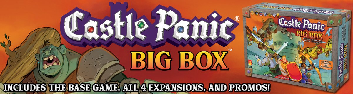 A troll looms in the background with the box in the foreground. Castle Panic Big Box. Includes the base game, all expansions, and promos!