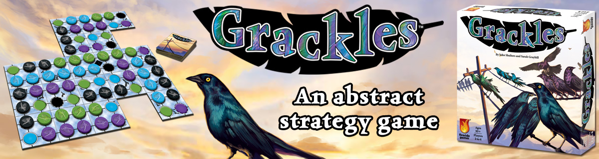 Grackles game with a colorful board and box. Grackles, an abstract strategy game