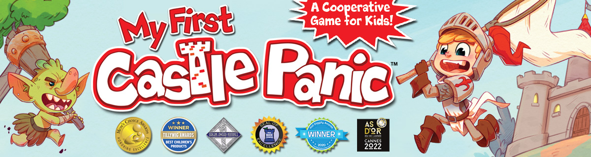 a goblin and knight face off playfully. My First Castle Panic, A cooperative game for kids!