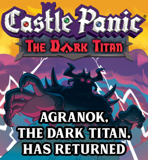 Image of a dark figure looming behind a castle. Castle Panic: The Dark Titan. Agranok, the dark titan has returned