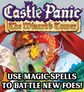 Image of a dragon attacking a castle. Castle Panic: The Wizard's Tower. Use Magic Spells to Battle New Foes!