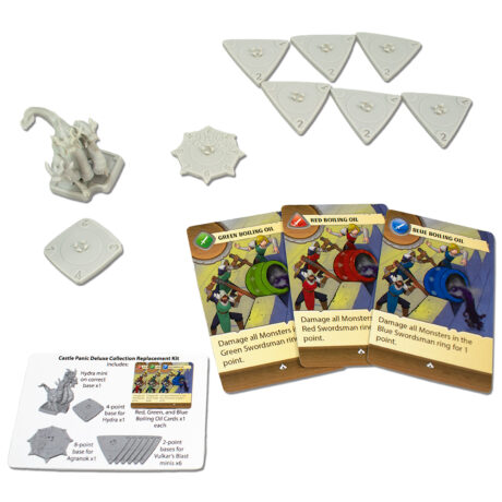 Plastic pieces and Boiling Oil cards for the Castle Panic Replacement Kit