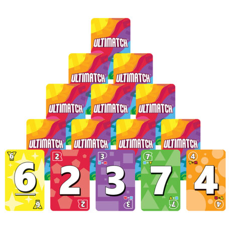 5-row pyramid of colorful numbered Ultimatch cards. Only the bottom row is face up.