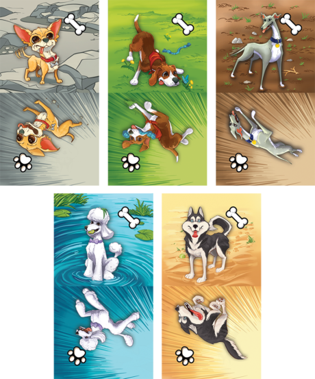 5 dog tiles for Zoomies. Each tile shows 1 dog both sitting and running