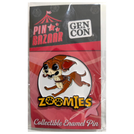 Enamel pin of a cartoon chihuahua with the Zoomies logo, bagged.l