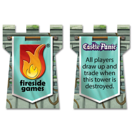 Promo tower with a teal banner for the 2nd Edition of Castle Panic